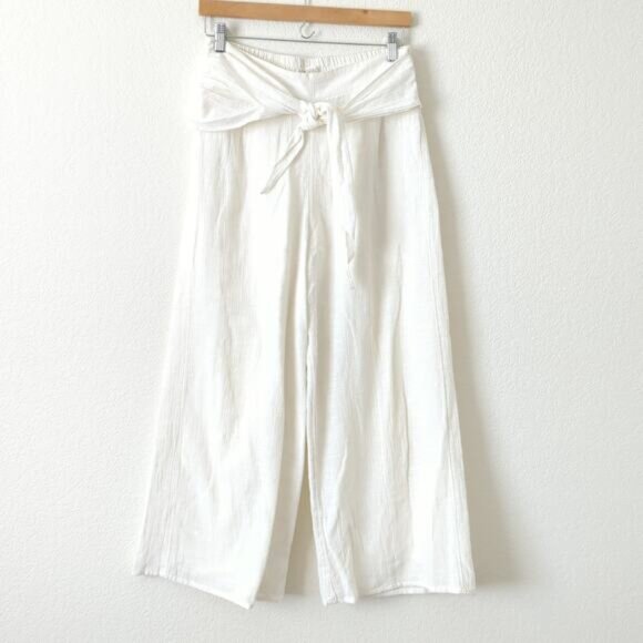 L Space Cotton Pants White Breezy Lightweight Summer Medium Tie Front Wide Leg - Picture 6 of 8